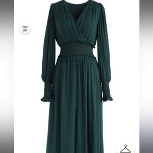 Chicwish Satin Button Down MIDI Dress in Dark Green